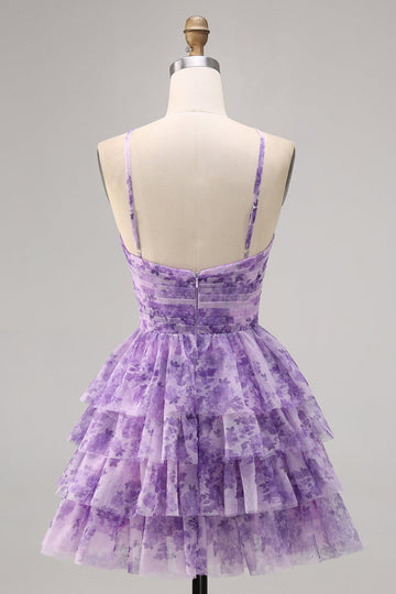 Purple A-Line Tiered Cut Out Floral Short Homecoming Dress